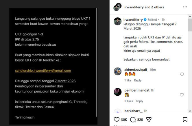 
Ferry Irwandi Buka Beasiswa UKT